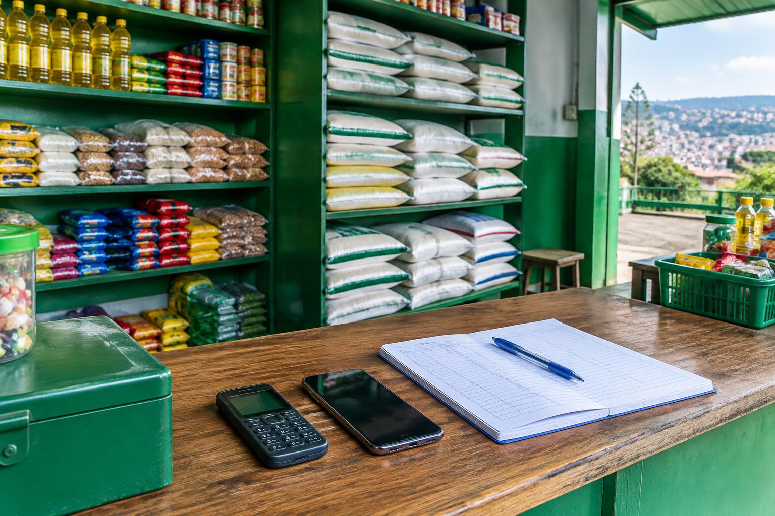 Illustration of a Kigali merchant workbench with basic phone, smartphone and ledger